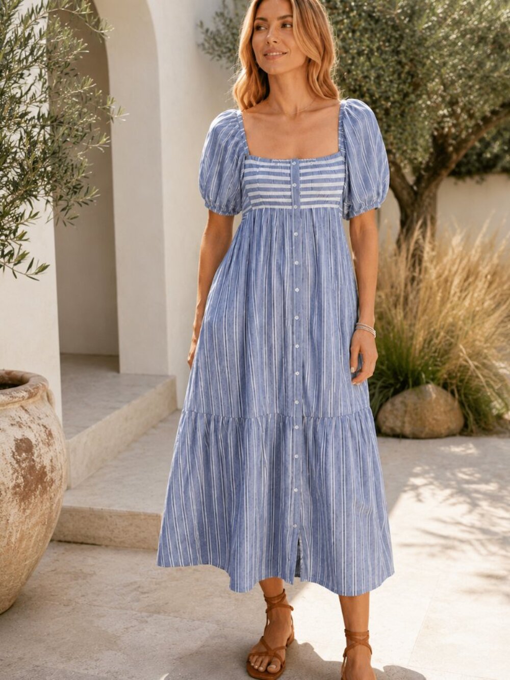 Emerson Fry x Love Tomas Blue Engineer Stripe Cotton Maxi Dress Puff Sleeve Tier